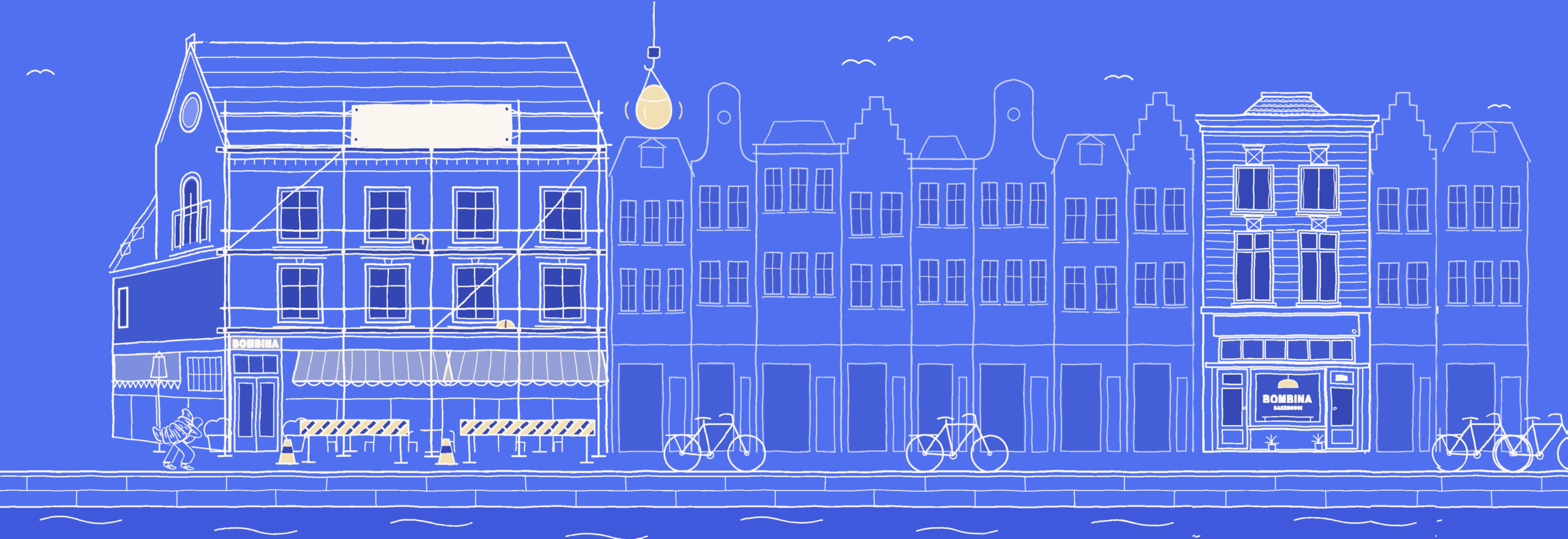 Tekening van de Hippolytusbuurt — het brunchcafé op nr 1 staat in de steigers (open Q2 2027), het bakehouse op nr 29A is open